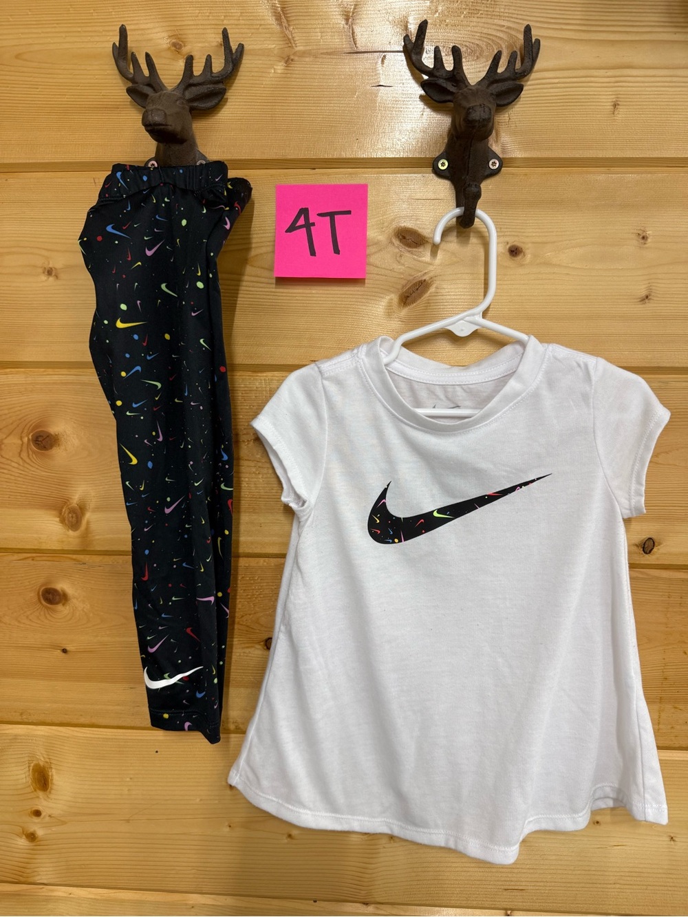 Nike Black Multi-Color Swoosh Leggings with White Logo Tee - 4T